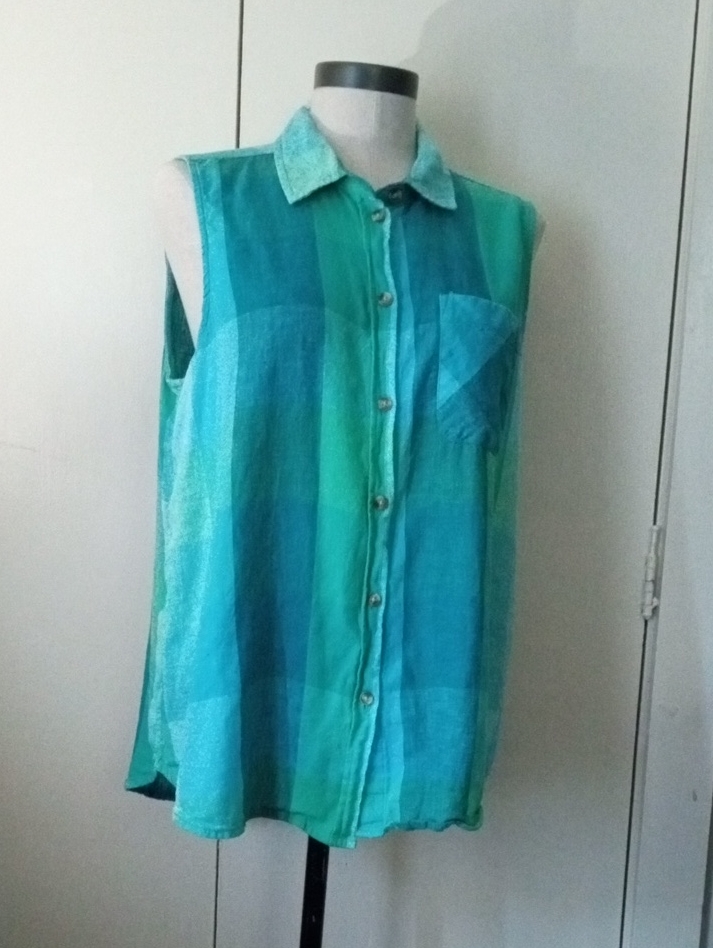 Linen Blend Sleeveless Button-Front Teal And Aqua Striped Shirt Large 12/14